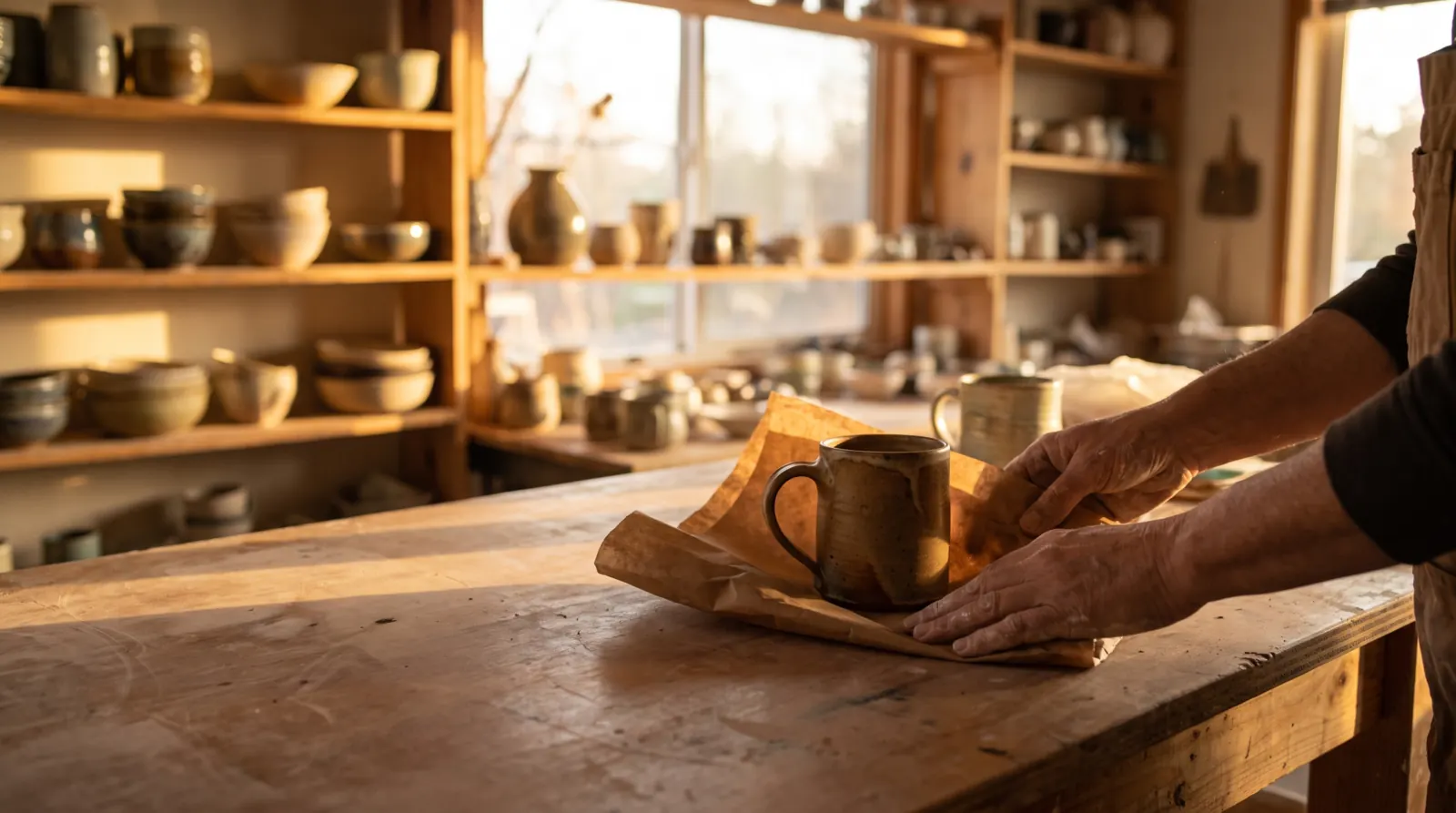 A potter wrapping a finished mug in paper on a workbench, shelves of glazed pottery behind